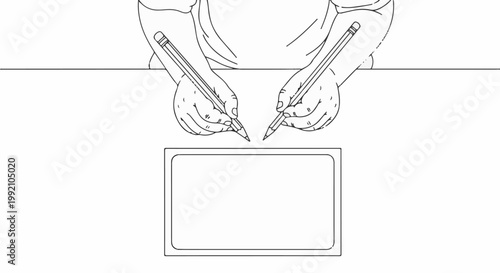 Two hands holding pencils writing on a blank rectangular surface