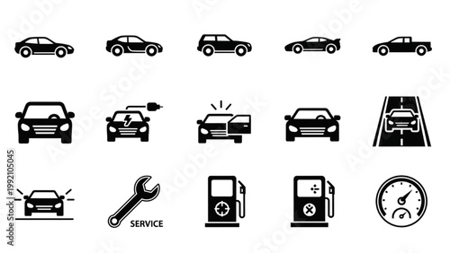 Cars are serviced with tools on a road with speedometer and fuel icons.