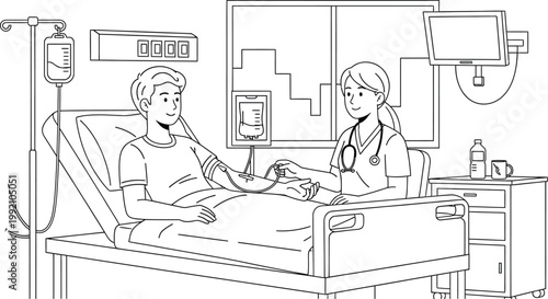 Nurse carefully checks patient's blood pressure with a cuff while iv drip is attached in a hospital room setting.