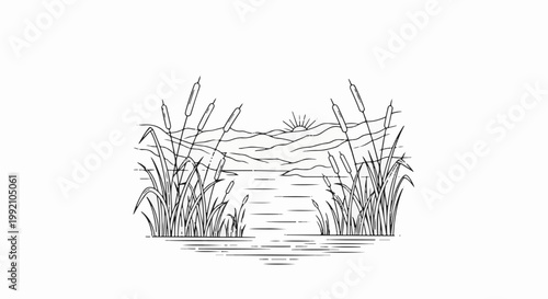 Sunrise over a tranquil lake with reeds and distant hills