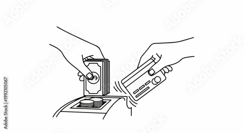 Two hands, one holding cash and coins, the other a credit card, near payment device