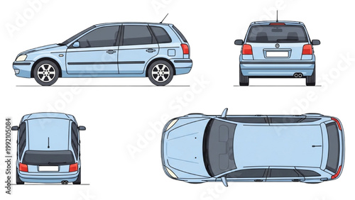 Illustration shows a blue car from multiple angles on white