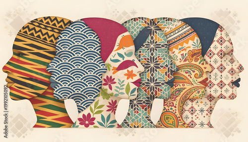 Diverse Minds: Patchwork human profiles display global cultural patterns showing diversity and unity with peaceful, calm, and harmonious expression