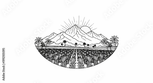 Sunrise over mountains, palm trees, and lush fields below