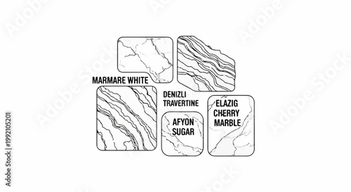 Swatches of marble and travertine textures with names