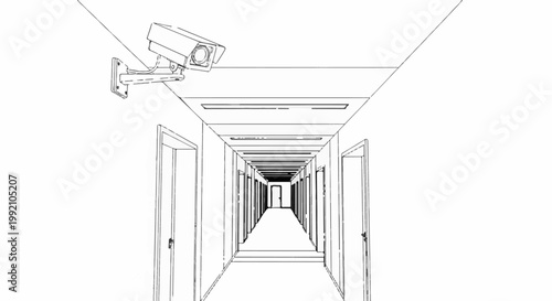 Surveillance camera mounted on ceiling overlooking a long corridor with doors