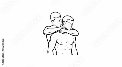 Two men in a wrestling hold, one's arm around the other's neck