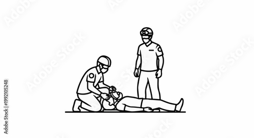 Two medical professionals attend to a person lying on the ground
