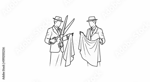 Two men in hats and suits hold fabric, one preparing to cut