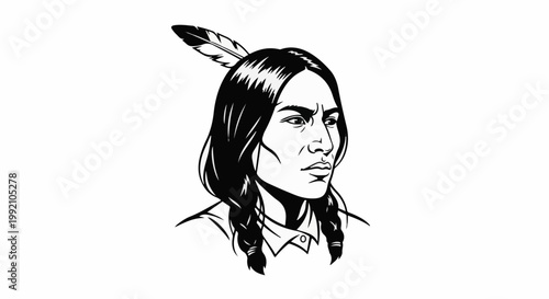 Stylized portrait of a person with braided hair and a feather