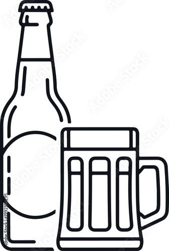 Beer bottle and mug with foam, refreshment, alcoholic drink, pub illustration.