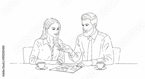 Two people at a table with coffee discussing papers