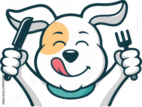 Cartoon white dog with tan eye spot holding knife and fork cheerful pet character illustration playful food anticipation vector design