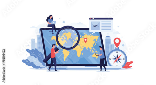Team of travelers uses digital map and magnifying glass on laptop to plan international trip and track locations.