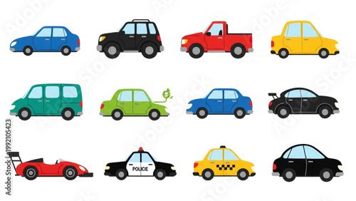 Various cars are displayed in different colors and styles side by side