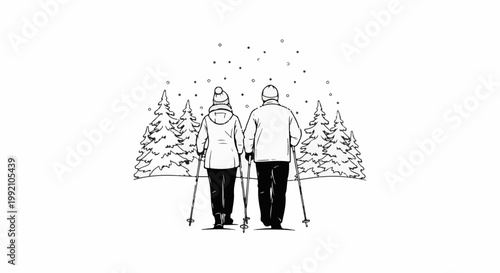 Two people cross-country skiing in a snowy forest with falling snowflakes