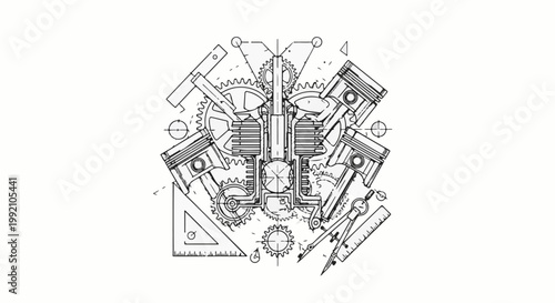 Technical drawing of a V-engine with drafting tools