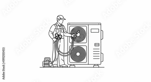 Technician connecting gauges to an outdoor air conditioning unit