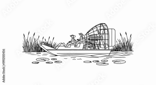 Two people on an airboat travel through reeds and lily pads