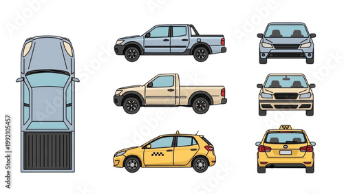 Cars and trucks are displayed in various views and colors on a plain background