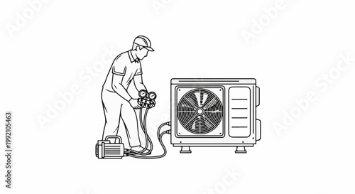 Technician servicing an outdoor air conditioning unit with gauges