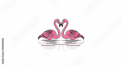 Two pink flamingos form a heart shape, reflected in water