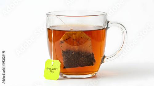 A glass mug of Earl Grey tea with a tea bag steeping in it