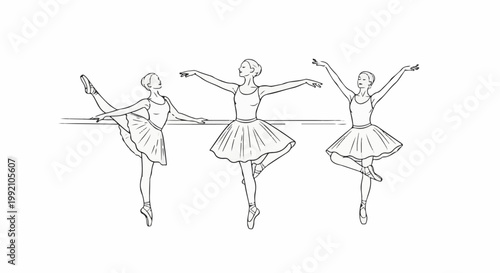 Three ballerinas in tutus practicing ballet moves at a barre