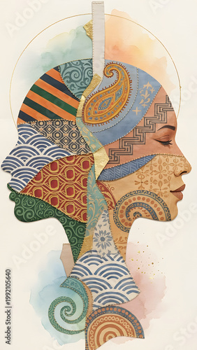 Diverse Minds: Patchwork human profile global cultural pattern diversity unity peaceful expression artistic silhouette mosaic collage conceptual illustration