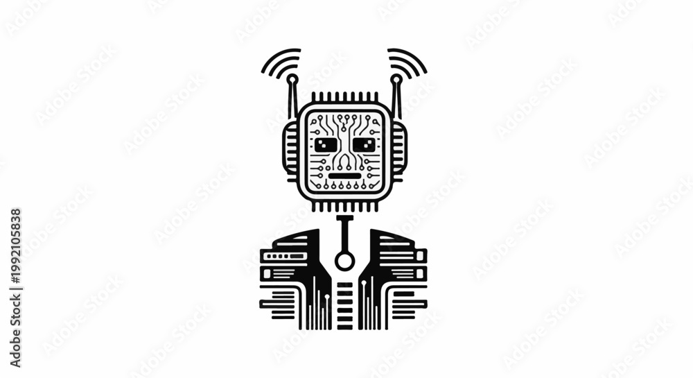 Fototapeta premium Stylized robotic head with antennae and circuit board torso