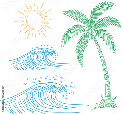 Vibrant hand-drawn illustration captures the essence of a tropical paradise with a stylized sun, lush green palm tree showcasing coconuts, and dynamic ocean waves breaking with foamy crests, perfect f