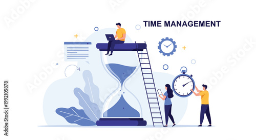 Professional team manages limited time and deadlines using giant hourglass and digital tools for productivity.