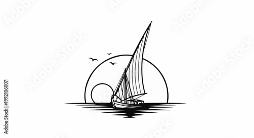 Stylized sailboat glides on water against a backdrop of sunset and flying birds