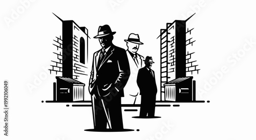 Three men in suits and fedoras stand on an urban street