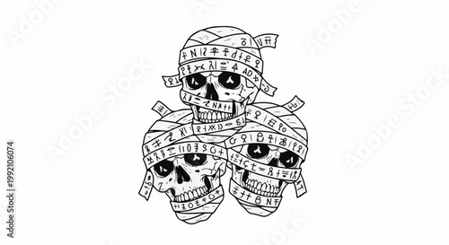 Three mummified skulls with ancient symbols wrapped in bandages