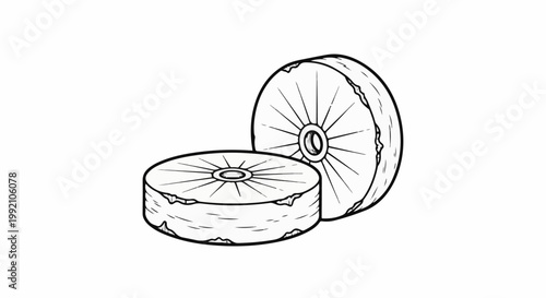 Two stylized, circular objects with textured edges and radiating lines
