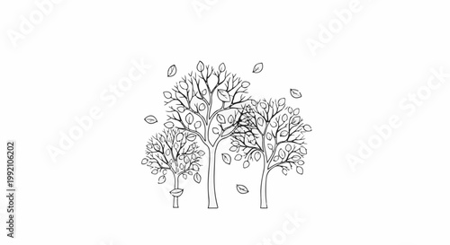 Three stylized trees with leaves falling in a simple sketch