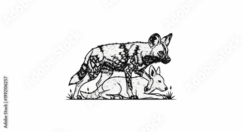 Two wild dogs, one standing over another resting on the ground