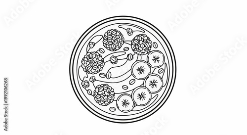 Top view illustration of a circular pizza with toppings like olives, flowers, and fruit slices