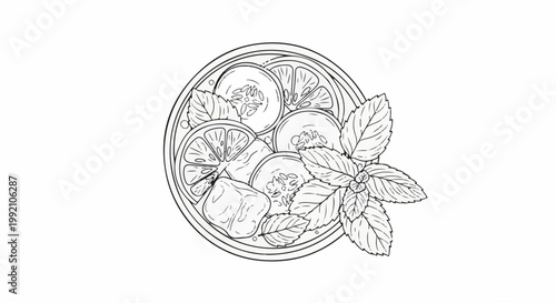 Top view illustration of a refreshing drink with citrus, cucumber, ice, and mint leaves