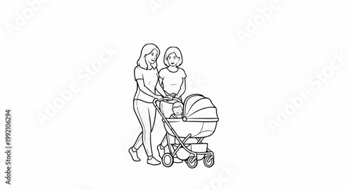Two women and a baby in a stroller