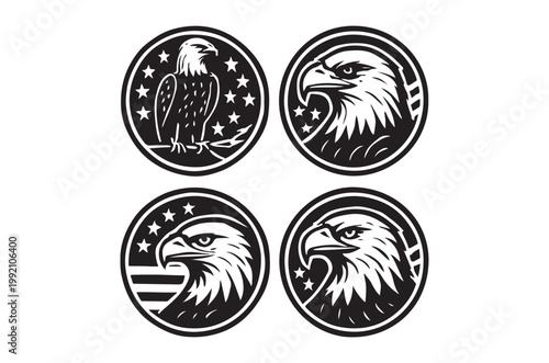 Four circular emblems featuring detailed depictions of bald eagles