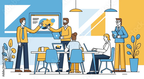 Business professionals collaborating in a modern office meeting, discussing a chart on a screen, with laptops and plants on desks