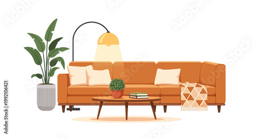 Cozy living room scene with a sectional sofa, coffee table, plant, and floor lamp, perfect for interior design inspiration