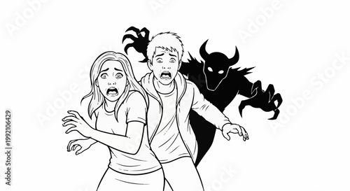 Two terrified young people flee from a shadowy, horned monster