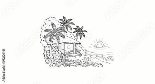 Tropical beach hut at sunrise with palm trees and lush foliage