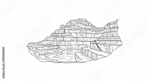 Stylized sketch of a layered rock formation resembling a canyon or mine