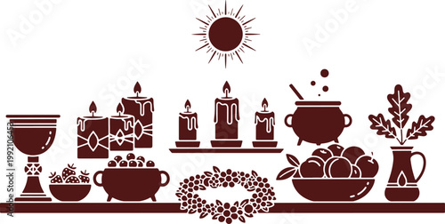 Mystical objects collection sun candles cauldron fruits and wreath on transparent.