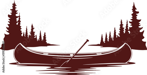 Silhouette of canoe with paddle on tranquil lake near pine forest on transparent.