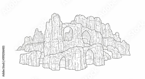 Stylized sketch of a rocky mountain formation with arches and overhangs